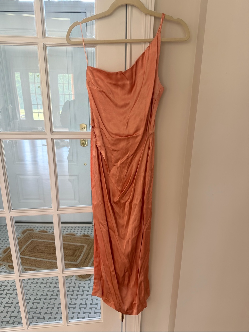 Petal & Pup One-Shoulder Satin Slip Dress in Coral
